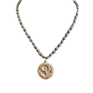 Elegant Bronze Lily Pendant and Black Beaded Necklace One of a Kind Boutique